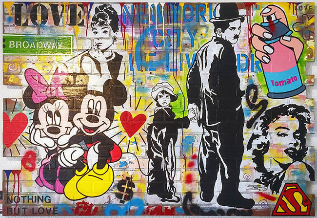 Nothing But Love (Chaplin) by Jozza, 2016 mixed media on board