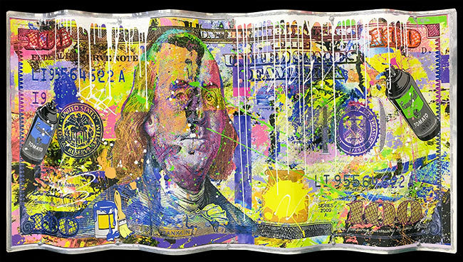 Yellow Benjamin by Jozza, 2021 mixed media on metallic sheet