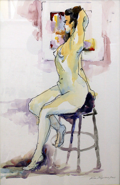 Nude on Stool by Ruth Karp, mixed media on paper