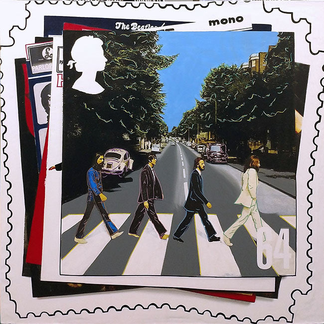 Beatles Abbey Road Stamp by Steve Kaufman, hand painted oil and silkscreen on canvas