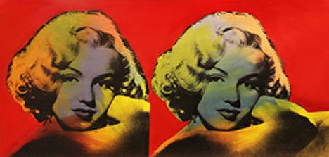 Double Marilyn - Norma Jean (Red) by Steve Kaufman, hand painted oil and silkscreen on canvas
