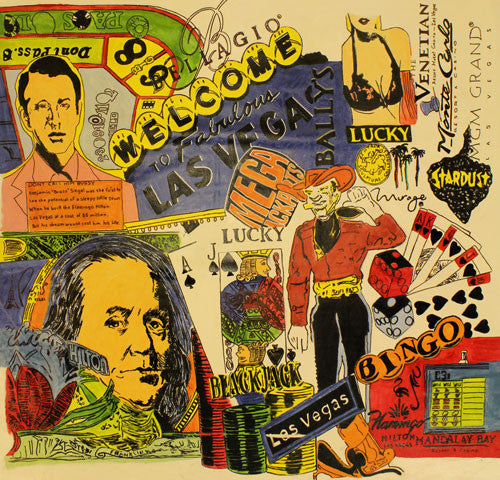 Las Vegas Icons Collage by Steve Kaufman, hand painted unique silkscreen on canvas