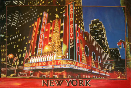 Radio City Music Hall by Steve Kaufman, hand painted oil and silkscreen on canvas
