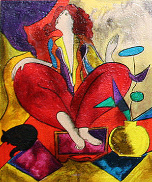 Sitting Woman in Red with Cat by Linda Le Kinff, serigraph