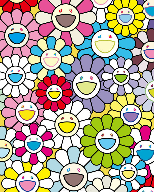 A LITTLE FLOWER PAINTING YELLOW, WHITE AND PURPLE FLOWERS BY TAKASHI MURAKAMI