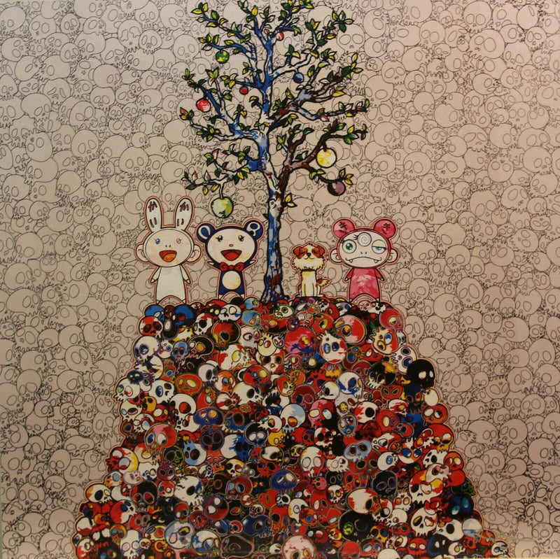 Kaikai, Kiki Dob and Pom Atop the Mound of the Dead by Takashi Murakami, 2013 offset lithograph with 4 colors and silver