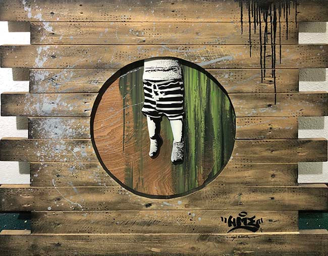 Untitled I by Nme, 2018 stenciled mixed media on wood
