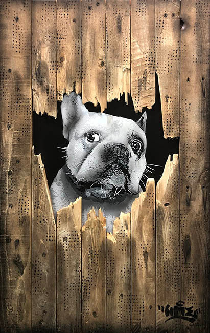 Untitled III by Nme, 2018 stenciled mixed media on woo