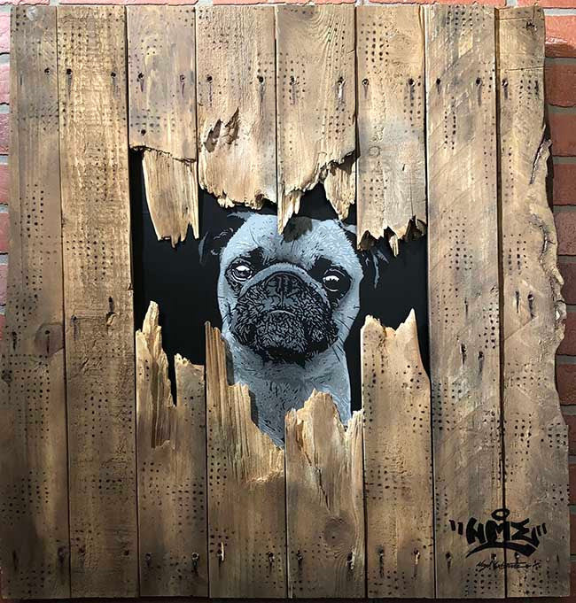 Untitled II by Nme, 2018 stenciled mixed media on woo