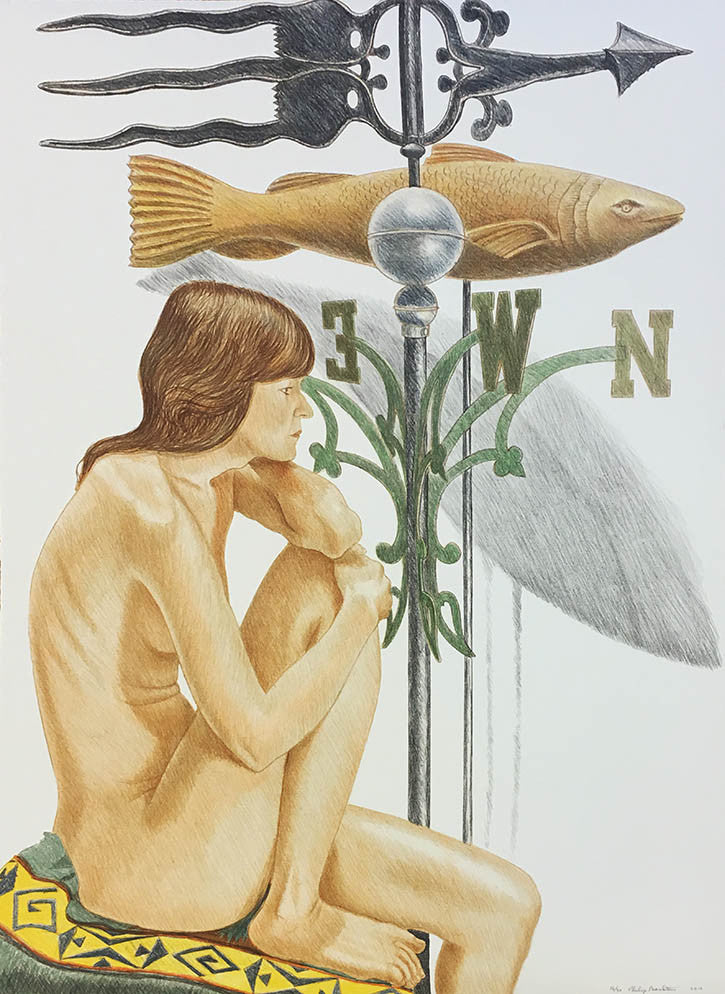 NUDE MODEL WITH BANNER AND FISH WEATHERVANE BY PHILIP PEARLSTEIN