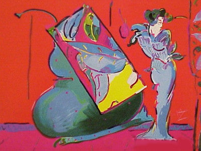 LADY ON RED WITH FLOATING VASE BY PETER MAX