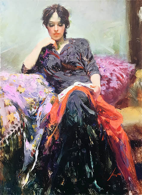 Her Favorite Book by Pino, hand embellished giclee on canvas