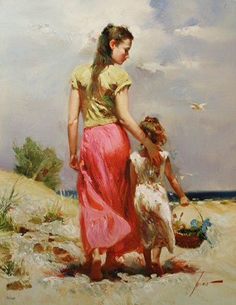 Seaside Walk (Hand Embellished) by Pino, embellished giclee on canvas