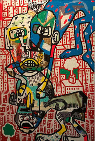 Cheese Tickets by Rae, acrylic & mixed media on canvas