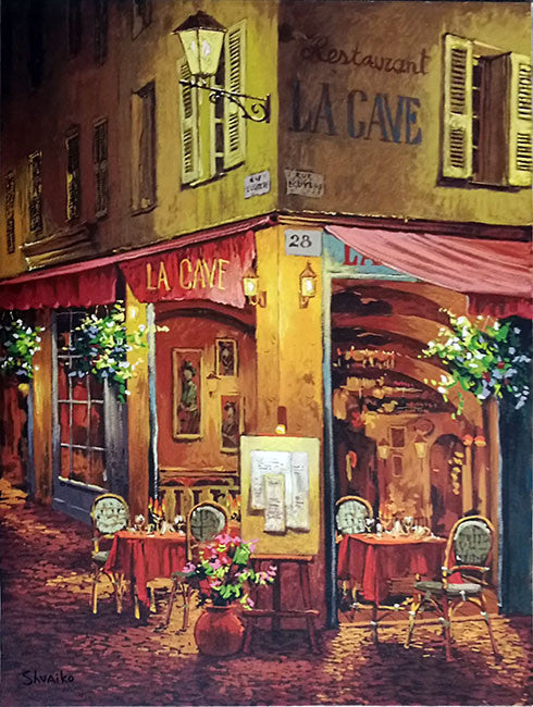 Dinner at La Cave by Viktor Shvaiko, serigraph on canvas