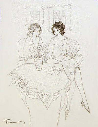 Afternoon Chat by Itzchack Tarkay, pencil drawing on paper