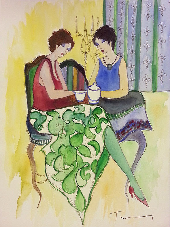 Evening Tea (Watercolor) by Izchak Tarkay, watercolor on paper
