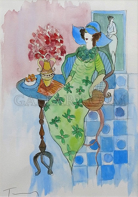 Green Dress by Itzchack Tarkay, watercolor on paper