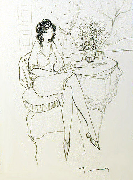 Reading by the Window by Izchak Tarkay, pencil drawing on paper — detail 2