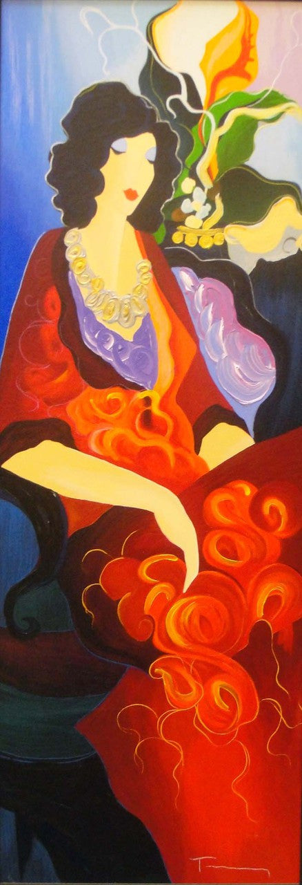 Red Dress II by Itzchack Tarkay, 2003 hand embellished serigraph on canva — detail 2
