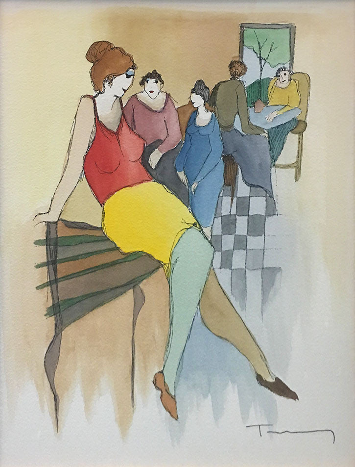 Untitled (Yellow Skirt) by Itzchack Tarkay, water color on wove paper — detail 2