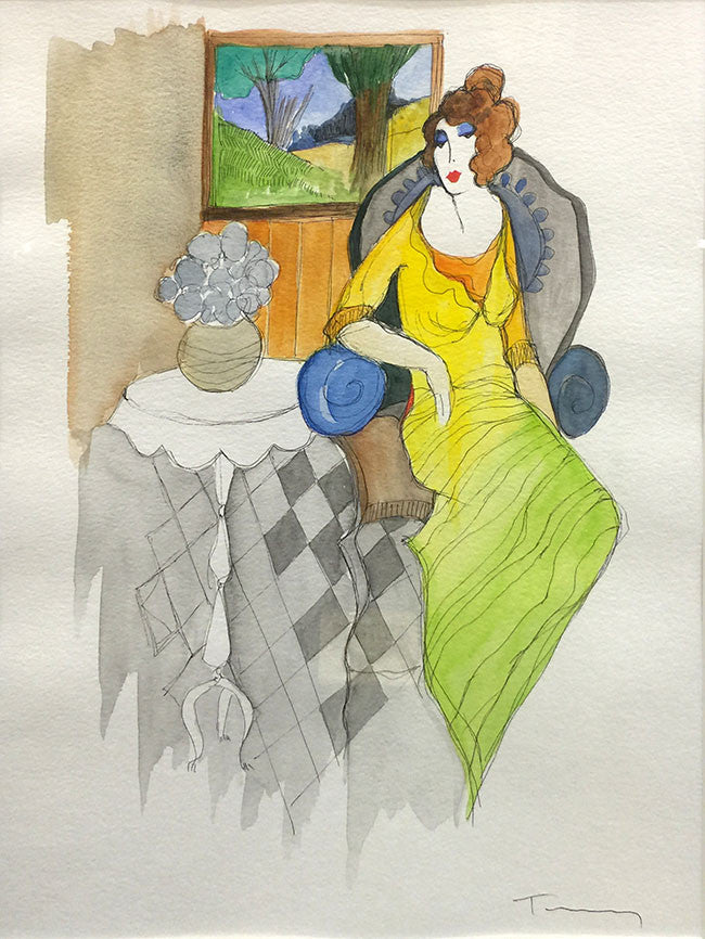 Woman by the Window by Itzchack Tarkay, water color on paper — detail 2