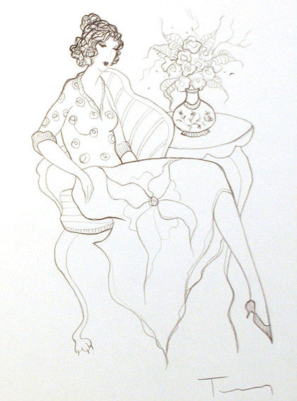 Woman with Flowers by Izchak Tarkay, pencil drawing on paper