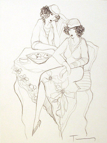 Women Waiting Together by Izchak Tarkay, pencil drawing on paper