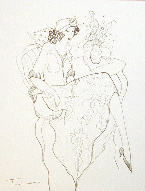 Woman with Floral Hat by Izchak Tarkay, pencil drawing on paper