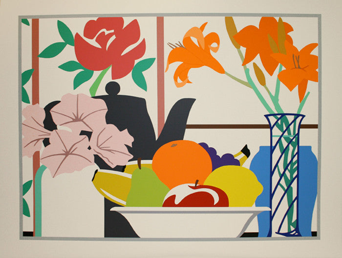 STILL LIFE WITH PETUNIAS, LILLIES AND FRUIT BY TOM WESSELMANN