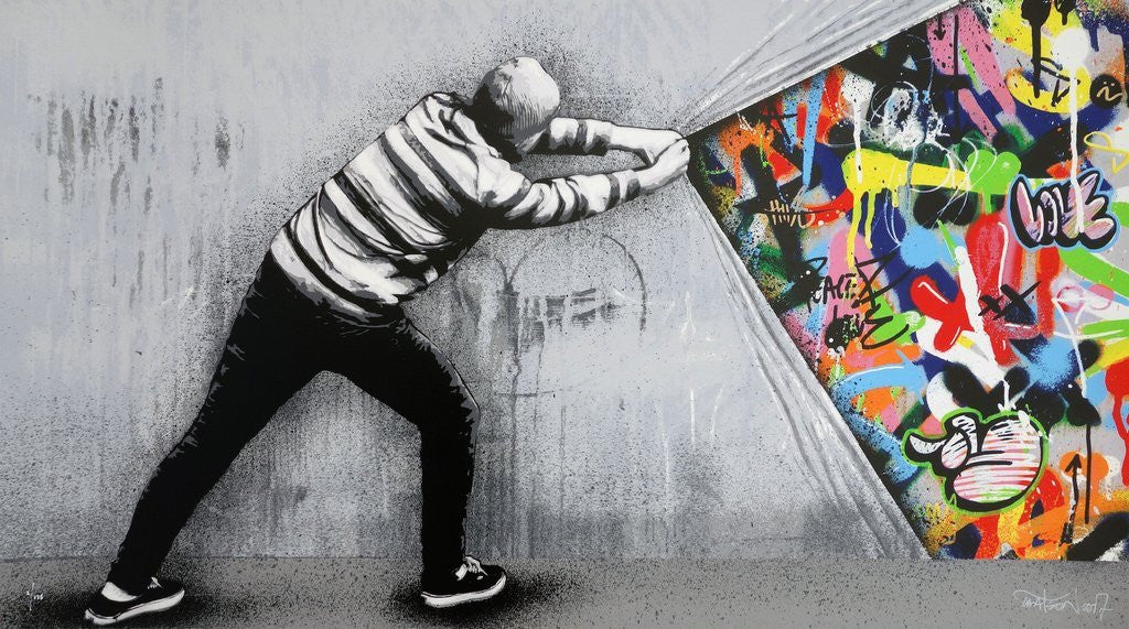 Behind the Curtain (Regular Edition) by Martin Whatson, 2017 screenprint on 300 gram Somerset Satin paper
