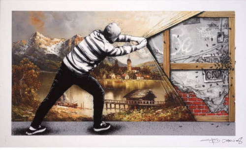 Behind the Curtain the Wall) by Martin Whatson & Pez, 2018 giclee print on 300 gsm Somerset Satin paper