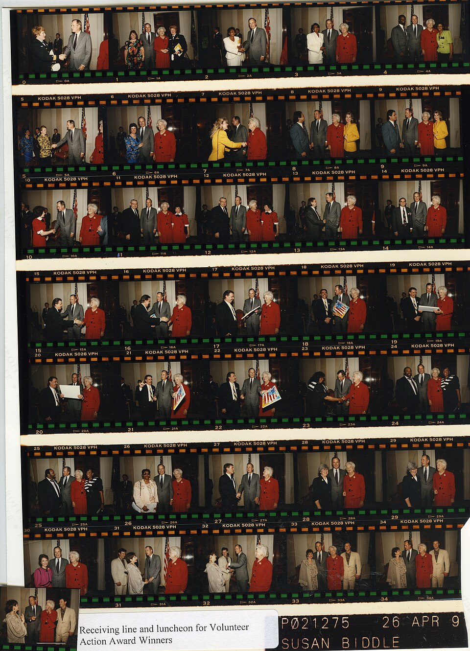 White House photographic contact sheet showing a receiving line, including Peter Max presenting a flag painting to George and Barbara Bush